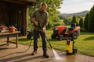 Hochdruckreiniger bei der Arbeit im Garten | FGK GmbH Eifel