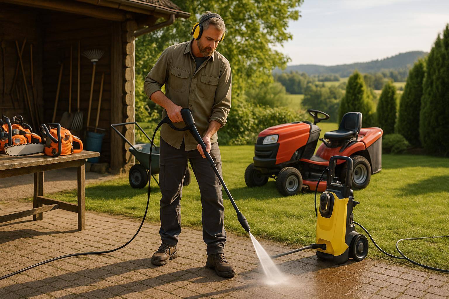 Hochdruckreiniger bei der Arbeit im Garten | FGK GmbH Eifel